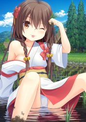 Rule 34 | 1girl, ;), ;p, arm support, bare shoulders, bell, blue sky, bow, braid, breasts, brown eyes, brown hair, building, bush, cloud, collarbone, day, dirty, dojikko pose, eyebrows, fallen down, forest, grass, hair between eyes, hair bow, hair ornament, hair over shoulder, head tilt, highres, house, japanese clothes, jingle bell, kimono, legs apart, long hair, mountain, mud, nature, obi, off shoulder, one eye closed, open clothes, open kimono, original, outdoors, panties, pantyshot, plant, pond, red bow, red skirt, reflection, revision, rice paddy, rural, sash, see-through, short sleeves, sitting, skirt, sky, small breasts, smile, solo, sora freebird, spread legs, tasuki, tongue, tongue out, tree, twin braids, underbust, underwear, water, wet, wet clothes, wet panties, white panties