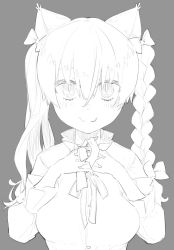 Rule 34 | 1girl, :p, animal ears, blush, bow, braid, breasts, cat ears, closed mouth, eyebrows hidden by hair, grey background, greyscale, hair between eyes, hair bow, highres, kaenbyou rin, long hair, long sleeves, looking at viewer, monochrome, own hands clasped, own hands together, salamander (hop-step), simple background, solo, tongue, tongue out, touhou