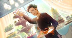 Rule 34 | 1boy, black hair, black shirt, cake, cake slice, cupcake, dessert, fingernails, flame print, food, highres, holding, holding plate, idolmaster, idolmaster side-m, idolmaster side-m growing stars, kimura ryu, long sleeves, looking at viewer, male focus, official art, open mouth, plate, shirt, solo, sunlight, teeth, upper teeth only, yellow eyes