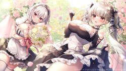 Rule 34 | 2girls, :d, apron, azur lane, bare shoulders, black dress, black ribbon, blurry, blush, bouquet, breasts, choker, cleavage, closed mouth, clothes lift, commentary request, copyright name, cowboy shot, cross-laced clothes, day, depth of field, dress, dress lift, dutch angle, falling petals, floating hair, flower, formidable (azur lane), frilled apron, frilled choker, frilled dress, frills, gothic lolita, grey hair, hair ribbon, hairband, holding, holding bouquet, lace-trimmed hairband, lace trim, large breasts, lolita fashion, long hair, looking at viewer, maid, mitsuba choco, multiple girls, official art, open mouth, outdoors, parted lips, petals, pink flower, pink rose, puffy short sleeves, puffy sleeves, red eyes, red ribbon, ribbon, rose, short sleeves, sidelocks, sirius (azur lane), skirt hold, sleeves past wrists, smile, thighhighs, thighs, twintails, two-tone choker, two-tone dress, two-tone ribbon, waist apron, white apron, white choker, white flower, white hair, white thighhighs, zettai ryouiki
