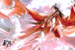 Rule 34 | 1girl, absurdres, beads, bird, brown hair, cai lin (doupo cangqiong), chinese clothes, closed mouth, cloud, doupo cangqiong, dress, dutch angle, earrings, empress, from side, highres, jewelry, long hair, long sleeves, red dress, red eyes, red nails, shan chuan yu yue, solo, tiara, white bird