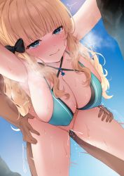 Rule 34 | 1boy, 1girl, aqua bikini, ayomo ro, bikini, black bow, blonde hair, blue eyes, blue sky, blush, bow, breasts, closed mouth, cloud, commentary request, day, hair bow, hetero, highres, large breasts, long hair, outdoors, princess connect!, saren (princess connect!), saren (summer) (princess connect!), sex, sky, standing, standing sex, swimsuit, tears