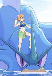 Rule 34 | 1girl, armpits, artist name, asymmetrical hair, bare shoulders, bikini, blue bikini, blush, breasts, covered navel, cowboy shot, creatures (company), dress, flower, game freak, gen 1 pokemon, green eyes, gyarados, hair between eyes, hair flower, hair ornament, highres, holding, holding poke ball, impossible clothes, impossible swimsuit, large breasts, legs, letitmelo, medium breasts, misty (pokemon), navel, nintendo, orange hair, poke ball, pokemon, pokemon (anime), pokemon (creature), ponytail, short hair, short ponytail, smile, solo, standing, swimsuit, thighs, water