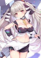 Rule 34 | 1girl, adapted costume, azur lane, bare shoulders, between breasts, black shorts, bow, breasts, choker, cleavage, cowboy shot, crop top, detached sleeves, formidable (azur lane), frills, gedou (shigure seishin), hair bow, hand on own hip, head tilt, high heels, highres, holding, large breasts, leg up, long hair, looking at viewer, midriff, navel, race queen, red eyes, short shorts, shorts, silver hair, sleeveless, solo, stomach, thighs, twintails, umbrella, very long hair