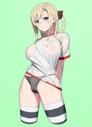 Rule 34 | 1girl, absurdres, arms behind back, black panties, blonde hair, blue eyes, blush, braid, breasts, covered erect nipples, cropped legs, green background, high school fleet, highres, large breasts, long hair, looking at viewer, onsen tamago (hs egg), open mouth, panties, see-through, simple background, single braid, solo, striped clothes, striped thighhighs, thighhighs, underwear, wet, wet clothes, wilhelmina braunschweig ingenohl friedeburg