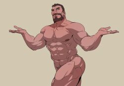 Rule 34 | 1boy, abs, bara, beard, brown background, brown hair, completely nude, dark-skinned male, dark skin, facial hair, large pectorals, male focus, muscular, muscular male, navel, nipples, nude, one eye closed, overwatch, overwatch 1, pectorals, reaper (overwatch), rybiok, short hair, simple background, solo, thick thighs, thighs