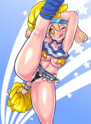 Rule 34 | 1girl, absurdres, arm up, black panties, breasts, cheerleader, clothes writing, copyright request, covered erect nipples, crop top, g-string, gluteal fold, highres, kneepits, large breasts, leg up, long hair, microskirt, minami aomori, navel, open mouth, panties, partially visible vulva, pasties, pleated skirt, pom pom (cheerleading), shirt, skirt, sleeveless, sleeveless shirt, smile, solo, split, standing, standing on one leg, standing split, star (symbol), star pasties, starry background, striped legwear, tagme, thighs, thong, underwear