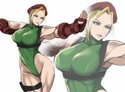 Rule 34 | 1girl, beret, blonde hair, blue eyes, breast strap, breasts, cammy white, capcom, fighting stance, fingerless gloves, gloves, green eyes, green leotard, hat, large breasts, leotard, looking to the side, muscular, muscular female, open hands, parted lips, red gloves, red hat, shibusun, solo, street fighter, thigh strap, thighs, zoom layer