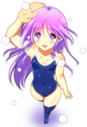 Rule 34 | 00s, 1boy, blush, bulge, competition school swimsuit, crossdressing, from above, happiness!, highres, long hair, male focus, one-piece swimsuit, perspective, purple eyes, purple hair, school swimsuit, solo, swimsuit, taigi akira, thighhighs, trap, watarase jun
