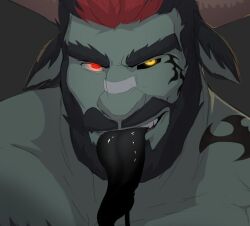 Rule 34 | 1boy, bandaid, bandaid on face, bandaid on nose, bara, big nose, black tongue, deer boy, demon boy, demon horns, ears down, final fantasy, final fantasy xiv, glowing, glowing eyes, heterochromia, horns, huge eyebrows, kronos (kronostrat), long tongue, male focus, mature male, mismatched sclera, monster boy, muscular, muscular male, nude, portrait, seductive smile, short hair, smile, solo, sparky (ethorasw), thick mustache, tongue, tongue out, warrior of light (ff14)