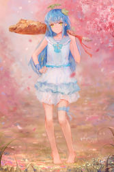 Rule 34 | 1girl, bad id, bad pixiv id, barefoot, blue bow, blue dress, blue hair, blue ribbon, blurry, blurry background, bow, bowtie, cherry blossoms, closed mouth, club (weapon), collarbone, dated, dress, frilled dress, frilled shirt collar, frills, full body, grass, hair ornament, hairclip, hand on own hip, head tilt, holding, kisei2, layered dress, leg ribbon, light smile, long hair, looking at viewer, medium dress, original, outdoors, over shoulder, petals, plant on head, pointy ears, ribbon, sailor collar, sidelocks, signature, sleeveless, sleeveless dress, solo, spring (season), standing, tiptoes, tree, weapon, weapon over shoulder, wrist ribbon, yellow eyes