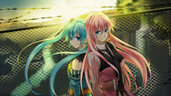 Rule 34 | 2girls, akatsuki arrival (vocaloid), alternate costume, aqua eyes, aqua hair, back-to-back, barbed wire, belt, black neckwear, blue eyes, chain-link fence, female focus, fence, hair between eyes, hatsune miku, long hair, looking at viewer, looking back, megurine luka, multiple girls, necktie, pink hair, shirt, smile, striped clothes, striped shirt, sunrise, teito (0w0kuma), twintails, vertical-striped clothes, vertical-striped shirt, vest, vocaloid, wind