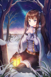 Rule 34 | 1girl, black jacket, black thighhighs, bow, brown hair, caba (caba091), copyright request, fur trim, hair bow, hair ornament, highres, jacket, kneeling, lamp, pencil skirt, skirt, snow, solo, thighhighs, twintails, winter, x hair ornament