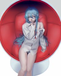 Rule 34 | 1girl, bad id, bad pixiv id, blue eyes, blue hair, closed mouth, commentary request, denpa onna to seishun otoko, long hair, mi8pq, no pants, off shoulder, panties, sitting, smile, solo, touwa erio, underwear