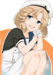 Rule 34 | 1girl, black neckwear, blonde hair, blue eyes, blue sailor collar, commentary request, dress, gloves, hat, janus (kancolle), kantai collection, kote (dew), looking at viewer, one-hour drawing challenge, open mouth, orange background, parted bangs, round teeth, sailor collar, sailor dress, sailor hat, short hair, short sleeves, sitting, smile, solo, teeth, two-tone background, upper teeth only, white background, white dress, white gloves, white hat