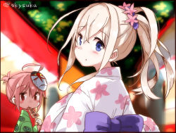 Rule 34 | 2girls, ahoge, alternate costume, alternate hairstyle, animal print, blue eyes, blurry, blush, blush stickers, depth of field, eating, eyebrows, festival, floral print, flower, food, from behind, green kimono, hair between eyes, hair flower, hair ornament, holding, holding food, i-58 (kancolle), ikayaki, japanese clothes, kantai collection, kimono, looking at viewer, looking back, mask, multiple girls, obi, outdoors, pink hair, ponytail, red eyes, sash, short ponytail, suka, twitter username, u-511 (kancolle), upper body, white hair