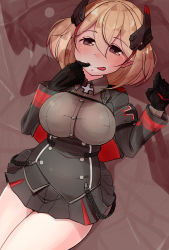 Rule 34 | 1girl, azur lane, black gloves, blonde hair, breasts, brown eyes, buttons, collared shirt, cropped jacket, cross, dress shirt, eyebrows, finger to mouth, gloves, grey jacket, grey skirt, hair between eyes, hands up, headgear, highres, horoyuki (gumizoku), iron cross, jacket, large breasts, long sleeves, looking at viewer, miniskirt, multicolored hair, open clothes, open jacket, pleated skirt, red hair, roon (azur lane), shirt, short hair, skirt, solo, tareme, tongue, tongue out, two-tone hair, underbust