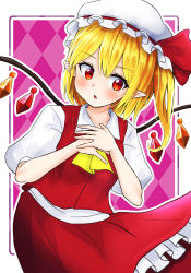Rule 34 | !, 1girl, argyle, argyle background, argyle clothes, blonde hair, crystal, flandre scarlet, hands up, hat, highres, houri sh, looking to the side, mob cap, outline, pointy ears, red eyes, short sleeves, skirt, solo, touhou, wings