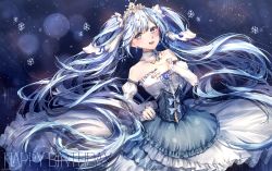 Rule 34 | 1girl, :d, alternate costume, blue hair, blush, choker, collar, dress, floating hair, grey eyes, hair ornament, happy birthday, hatsune miku, highres, kity1211 tetsu, lens flare, long hair, looking at viewer, musical note, open mouth, smile, snowflakes, solo, sparkle, standing, strapless, strapless dress, twintails, very long hair, vocaloid, white dress, yuki miku