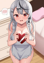 Rule 34 | 1girl, 9696k, absurdres, apron, bed, blush, box, box of chocolates, breast press, breasts, cabinet, cleavage, embarrassed, fang, grey hair, hair ornament, highres, hololive, indoors, large breasts, long hair, looking at viewer, open mouth, pillow, red eyes, sakamata chloe, standing, thighs, tongue, virtual youtuber, wavy mouth, white apron, x hair ornament