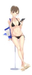 Rule 34 | 1girl, ama mitsuki, arm support, bag, bikini, black bikini, blush, bracelet, breasts, brown eyes, brown footwear, brown hair, cellphone, cleavage, closed mouth, collarbone, commentary request, dated, earrings, full body, halterneck, highres, holding, holding phone, jewelry, large breasts, looking at phone, navel, necklace, original, phone, sandals, short hair, shoulder bag, side-tie bikini bottom, simple background, skindentation, smartphone, smile, solo, standing, stomach, string bikini, stud earrings, swimsuit, thigh gap, twitter username, wedge heels, white background