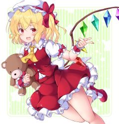 Rule 34 | 1girl, :d, aka tawashi, ascot, blonde hair, blush, border, bow, breasts, buttons, commentary request, crystal, fang, flandre scarlet, foot out of frame, frilled cuffs, frilled shirt collar, frills, hair bow, hat, hat ribbon, highres, holding, holding stuffed toy, index finger raised, looking at viewer, mob cap, one side up, open mouth, petticoat, puffy short sleeves, puffy sleeves, red bow, red eyes, red footwear, red ribbon, red skirt, red vest, ribbon, short hair, short sleeves, skirt, skirt set, small breasts, smile, solo, striped, stuffed animal, stuffed toy, teddy bear, thighs, touhou, vertical stripes, vest, white hat, white legwear, wings, yellow ascot