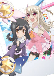 Rule 34 | 2girls, 2others, bare shoulders, black hair, blonde hair, breasts, commentary request, detached sleeves, dress, fate/kaleid liner prisma illya, fate (series), feather hair ornament, feathers, hair ornament, highres, illyasviel von einzbern, long hair, looking at viewer, magical girl, magical ruby, magical sapphire, miyu edelfelt, multiple girls, multiple others, official art, open mouth, pink dress, prisma illya, red eyes, small breasts, smile, staff, yellow eyes