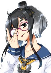 Rule 34 | 1girl, anchor, anchor symbol, bespectacled, black hair, blue sailor collar, brown eyes, commentary, dress, glasses, gradient hair, grey hair, hairband, highres, kantai collection, long sleeves, multicolored hair, nassukun, pink-framed eyewear, round eyewear, sailor collar, sailor dress, short hair with long locks, simple background, solo, symbol-only commentary, tokitsukaze (kancolle), tongue, white background, white hair, yellow neckwear