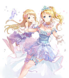 Rule 34 | 10s, 2girls, 77gl, ;d, ayase alisa, ayase eli, blonde hair, blue eyes, blush, breasts, cleavage, dress, flower, gloves, hair flower, hair ornament, large breasts, bridal garter, long hair, looking at viewer, love live!, love live! school idol festival, love live! school idol project, multiple girls, one eye closed, open mouth, ponytail, siblings, sisters, smile, strapless, strapless dress, thighhighs, tiara, white gloves, white legwear