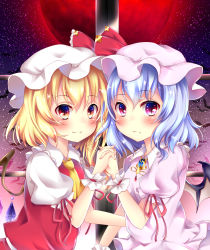 Rule 34 | 2girls, ascot, bat wings, blonde hair, blue hair, blush, bow, breast press, brooch, fang, fang out, flandre scarlet, gradient background, hat, hat bow, highres, holding hands, jewelry, mob cap, moon, multiple girls, red eyes, red moon, remilia scarlet, siblings, sisterakuma, sisters, symmetrical docking, touhou, wings