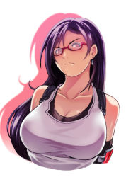 Rule 34 | 1girl, angry, asymmetrical bangs, bare shoulders, bespectacled, black hair, black sports bra, breasts, cleavage, collarbone, cropped torso, drop shadow, earrings, elbow pads, erde00, final fantasy, final fantasy vii, frown, glasses, highres, jewelry, large breasts, long hair, red-framed eyewear, red eyes, semi-rimless eyewear, shirt, sleeveless, sleeveless shirt, solo, sports bra, straight hair, tifa lockhart, upper body, white background, white shirt
