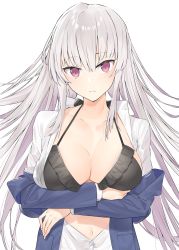 Rule 34 | 1girl, bikini, bikini top only, black bikini, blue jacket, blush, breast hold, breasts, cleavage, closed mouth, collarbone, collared shirt, commentary request, dress shirt, floating hair, halterneck, hayashi kewi, head tilt, jacket, large breasts, long hair, long sleeves, looking at viewer, navel, off shoulder, open clothes, open jacket, open shirt, original, partially unbuttoned, red eyes, sanpaku, shirt, sidelocks, silver hair, simple background, solo, swimsuit, upper body, very long hair, white background, white shirt