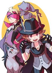 Rule 34 | 2boys, :d, absurdres, animal hands, banette, black gloves, black headwear, blonde hair, buttons, cape, closed mouth, commentary request, creatures (company), eyelashes, game freak, gen 3 pokemon, gloves, grey shirt, hand on own hip, hands up, hat, headband, highres, hilbert (fall 2020) (pokemon), hilbert (pokemon), jewelry, long sleeves, male focus, meiji (meijihoney), mightyena, morty (fall 2021) (pokemon), morty (pokemon), multiple boys, necklace, nintendo, official alternate costume, open mouth, pants, paw gloves, pokemon, pokemon (creature), pokemon masters ex, shirt, short hair, short sleeves, smile, teeth, tongue, upper teeth only, vest, white neckwear