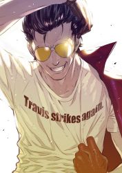 Rule 34 | 1boy, aviator sunglasses, black hair, clothes pull, clothes writing, glasses, gloves, grin, hand on own head, highres, jacket, jacket on shoulders, kozaki yuusuke, looking at viewer, male focus, no more heroes, official art, shirt pull, smile, solo, sunglasses, sunlight, travis touchdown, upper body