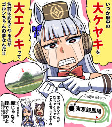 Rule 34 | 3girls, anger vein, angry, animal ears, aqua bow, blunt bangs, bow, bowtie, brown hair, clenched hand, clenched teeth, crying, crying with eyes open, dango, ear bow, eating, food, gloves, gold ship (umamusume), headgear, holding, holding food, horse ears, horse girl, horse racing track, horse tail, mejiro mcqueen (umamusume), multicolored hair, multiple girls, pillbox hat, pleated skirt, pointing, puffy short sleeves, puffy sleeves, purple bow, purple bowtie, purple eyes, purple hair, purple shirt, real life, red bow, red bowtie, red eyes, sailor collar, sailor shirt, sakazaki freddy, sanshoku dango, school uniform, shirt, short sleeves, skirt, special week (umamusume), speech bubble, spoken object, streaming tears, summer uniform, sweatdrop, tail, tears, teeth, tracen school uniform, translation request, tree, trembling, truth, two-tone hair, umamusume, v-shaped eyebrows, wagashi, white gloves, white hair, white sailor collar, white skirt
