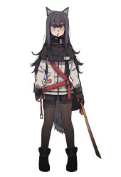 Rule 34 | 1girl, animal ears, arknights, belt, belt buckle, black hair, black shorts, buckle, candy, commentary, english commentary, expressionless, fingerless gloves, food, food in mouth, full body, gloves, hair between eyes, highres, holding, holding weapon, id card, jacket, karepack, long hair, long sleeves, looking at viewer, pantyhose, pin, pocky, shirt, shorts, simple background, solo, standing, straight-on, sword, tail, texas (arknights), weapon, white background, wolf ears, wolf girl, wolf tail