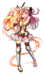 Rule 34 | 1girl, :d, arm up, armor, armored boots, armpits, ascot, bad id, bad pixiv id, belt, boots, breasts, brown thighhighs, chain, character request, detached collar, detached sleeves, fire, flaming sword, flaming weapon, frilled skirt, frills, full body, glint, heart, heart-shaped pupils, highres, kamihime project, long hair, medium breasts, mvv, navel, open mouth, petticoat, pink hair, red eyes, simple background, skirt, smile, solo, sword, symbol-shaped pupils, thighhighs, vambraces, weapon, white background, zettai ryouiki