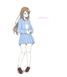 Rule 34 | 1girl, absurdres, blush, brown eyes, brown hair, hand on own stomach, happy, highres, implied pregnancy, loafers, long hair, long sleeves, matsuokalive10, original, own hands together, pleated skirt, pregnant, sailor collar, school uniform, shoes, skirt, smile, solo, translated, white legwear