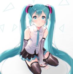 Rule 34 | 1girl, absurdres, aqua eyes, aqua hair, aqua nails, aqua ribbon, bare shoulders, between legs, black skirt, blouse, commentary, detached sleeves, english commentary, gremlinbon, hair ornament, hand between legs, hatsune miku, hatsune miku (nt), headphones, highres, layered sleeves, long hair, looking at viewer, miniskirt, nail polish, neck ribbon, piapro, pleated skirt, ribbon, see-through, see-through sleeves, seiza, shirt, sitting, skirt, sleeveless, sleeveless shirt, solo, thighhighs, triangle, twintails, twitter username, very long hair, vocaloid, white shirt, white sleeves
