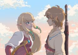 Rule 34 | 1boy, 1girl, absurdres, blonde hair, blue eyes, cloud, commentary, earrings, eiriseth, english commentary, floating hair, highres, holding, holding instrument, instrument, jewelry, link, long hair, looking at another, nintendo, pointy ears, princess zelda, profile, red shirt, shirt, short hair, sidelocks, sky, sword, the legend of zelda, upper body, weapon, weapon on back