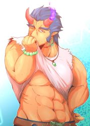 Rule 34 | 1boy, abs, bara, bare arms, blue hair, clothes lift, dark blue hair, demon boy, demon horns, facial hair, fang, fiery horns, forked eyebrows, highres, horns, large pectorals, long sideburns, looking at viewer, male focus, mature male, muscular, muscular male, navel, navel hair, nipples, pectorals, scar, scar on neck, shirt lift, short hair, sideburns, solo, stomach, stubble, takemaru (housamo), thick eyebrows, tokyo houkago summoners, topless male, tusks, underpec, uokka (night vmlr), upper body