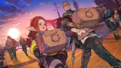 1girl 5boys :d artist_request brown_hair closed_mouth crate dock elezen elf final_fantasy final_fantasy_xiv goggles hat highres holding lalafell long_hair multiple_boys official_art open_mouth pants pier pink_sky pointy_ears red_hair roegadyn ship sky smile sunset tricorne walking wandering_minstrel watercraft