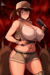 Rule 34 | 1girl, abs, absurdres, alternate breast size, breasts, cleft of venus, covered erect nipples, explosive, finger on trigger, fio germi, grenade, highres, hip vent, holding, holding grenade, huge breasts, jmg, metal slug, paid reward available, round eyewear, short shorts, shorts, thighs