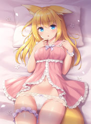 Rule 34 | 1girl, animal ear fluff, animal ears, babydoll, blonde hair, blue eyes, bracelet, breasts, bridal garter, cameltoe, commentary request, cowboy shot, flower, fox ears, frilled babydoll, frilled panties, frills, hair between eyes, highres, jewelry, long hair, looking at viewer, lying, medium breasts, navel, on back, open mouth, original, panties, petals, pillow, pink babydoll, pink sailor collar, sailor collar, sasaame, scrunchie, solo, thigh gap, thigh scrunchie, underwear, white panties, white scrunchie