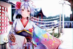 Rule 34 | 1girl, absurdres, alternate costume, arrow (projectile), ema, fate/grand order, fate (series), floral print, flower, furisode, hair flower, hair ornament, hamaya, hatsumoude, highres, holding, holding arrow, japanese clothes, kimono, len (hand linke), long hair, looking at viewer, new year, obi, outdoors, ponytail, print kimono, red eyes, red flower, sash, shrine, silver hair, smile, solo, tomoe gozen (fate), upper body, very long hair, white kimono