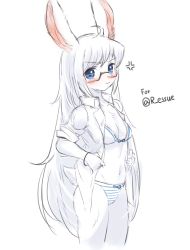 Rule 34 | 1girl, anger vein, animal ears, blue eyes, blush, bra, bracelet, breasts, cleavage, closed mouth, furry, furry female, gift art, glasses, highres, jacket, jewelry, long hair, looking at viewer, navel, open clothes, open jacket, original, panties, rabbit ears, rabbit girl, rabbit girl (ressue (gomgom)), rabbit tail, sketch, small breasts, solo, sookmo, standing, striped clothes, striped panties, tail, underwear, v-shaped eyebrows, white fur, white hair, white jacket