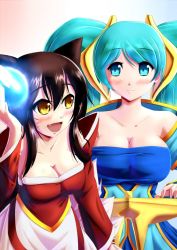 Rule 34 | 2girls, ahri (league of legends), animal ears, aqua eyes, aqua hair, bare shoulders, black hair, blush, breasts, cleavage, collarbone, energy ball, etwahl, facial mark, fang, fox ears, fox tail, large breasts, league of legends, multiple girls, multiple tails, open mouth, orb, sona (league of legends), tail, whisker markings, xano, yellow eyes