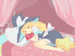Rule 34 | 1girl, barefoot, bed, blonde hair, bow, drooling, closed eyes, female focus, frilled pillow, frills, hat, hat bow, heart, hovering kousin, kirisame marisa, long hair, lying, on side, open mouth, pillow, short sleeves, sleeping, smile, solo, star (symbol), touhou, witch hair, witch hat, yellow eyes