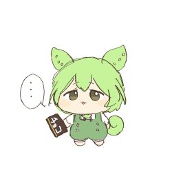 Rule 34 | ..., 1girl, :3, brown eyes, buttons, chibi, chibi only, chocolate, food, full body, green hair, green pants, highres, holding, holding chocolate, holding food, long hair, looking at viewer, open mouth, pants, simple background, solo, speech bubble, standing, suspenders, tareme, tox (toxdetox), voiceroid, voicevox, white background, zundamon