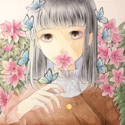 Rule 34 | 1girl, absurdres, azalea (flower), black hair, blue butterfly, blunt bangs, brown eyes, brown shirt, bug, butterfly, day, flower, highres, huge filesize, insect, looking at viewer, mouth hold, original, painting (medium), ruruka 003, shirt, solo, traditional media, upper body, watercolor (medium)